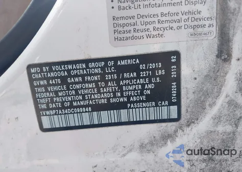 2013 Volkswagen Passat 2.5L Se from USA, damaged, VIN 1VWBP7A34DC099946